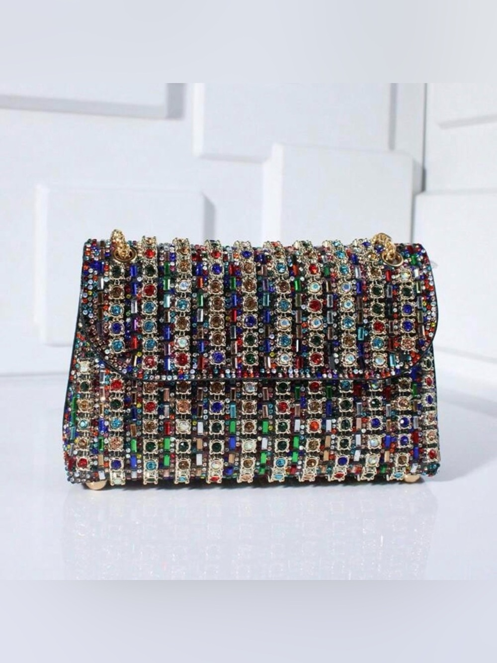 Jeweled Multicolor Evening Clutch with Chain